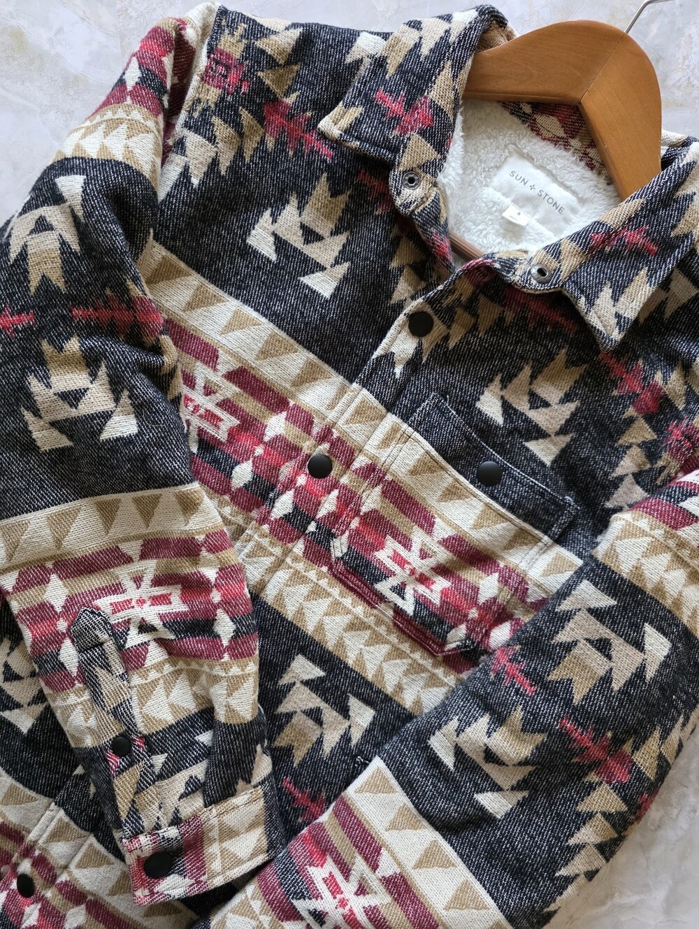 Sun + Stone Southwestern Aztec Sherpa Lined Shacket Jacket S Snap Front Ranch